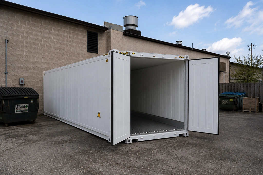 White 40FT reefer container with its cargo door open outdoors