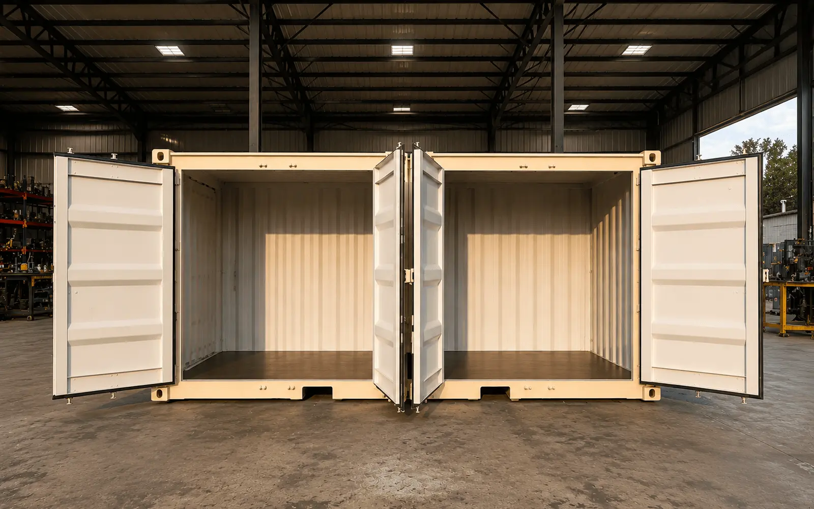 White 20FT side door container with two cargo door openings inside a warehouse