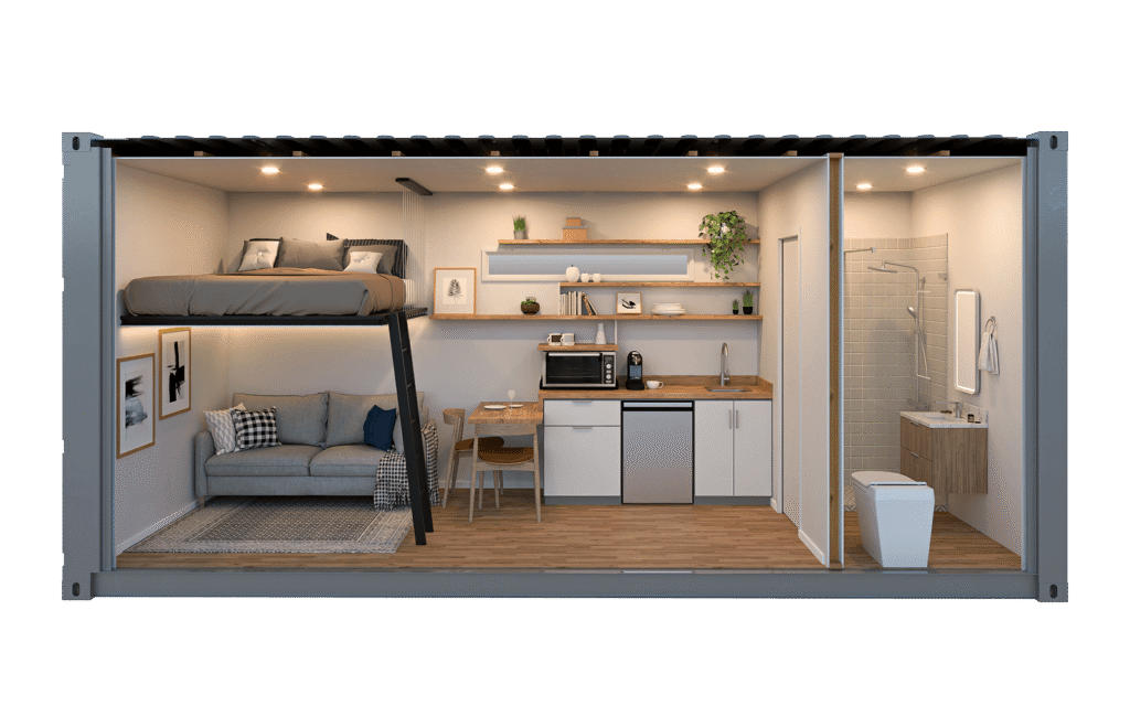 Interior rendering of the WTR 20FT Tiny House