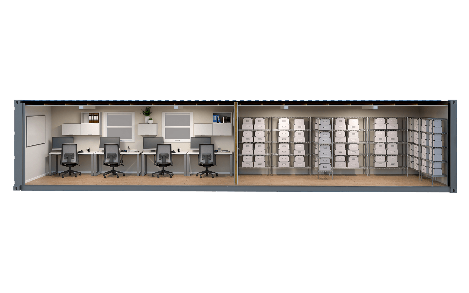 Interior rendering of the WTR 40FT Office + Storage